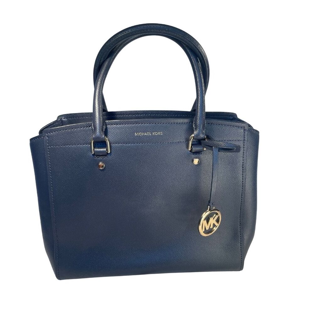 B15 MICHAEL KORS Benning Large Satchel Cross Grain Leather Navy
